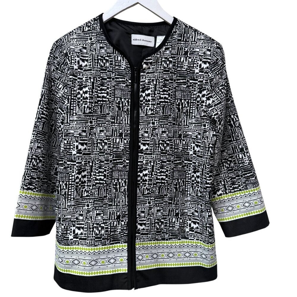 Alfred Dunner Womens Jacket Size 10 Black Print Cotton Blend Zip Front Blazer